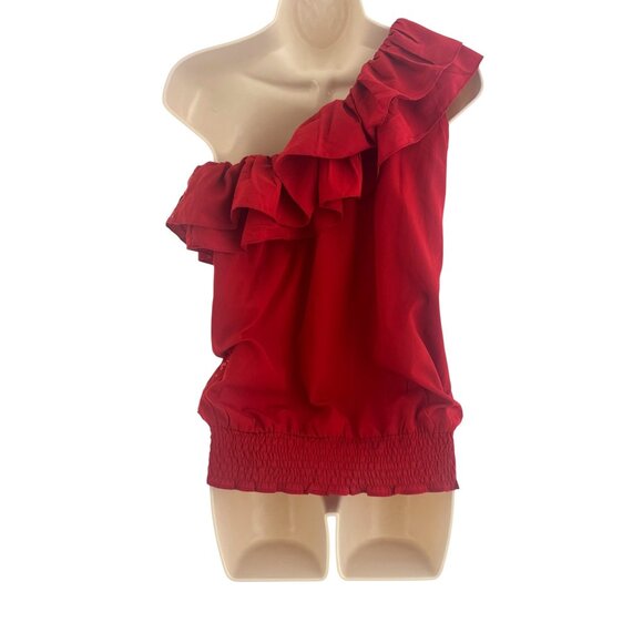 Red Double Ruffle Sequins One-Shoulder Blouson Top Blouse Shirt‎ Size Medium - Picture 4 of 6